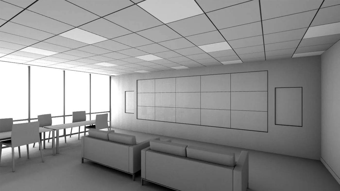 Grey study rendering of the trading room with a large video wall and lounge seating
