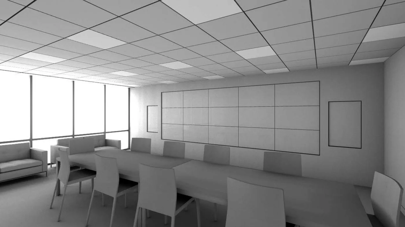 Grey study rendering of the trading room conference table facing a video wall