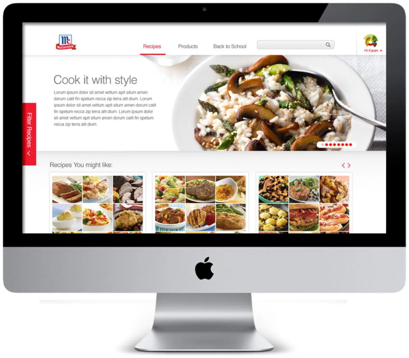 Desktop recipe homepage with recommended recipes and a side filter tab