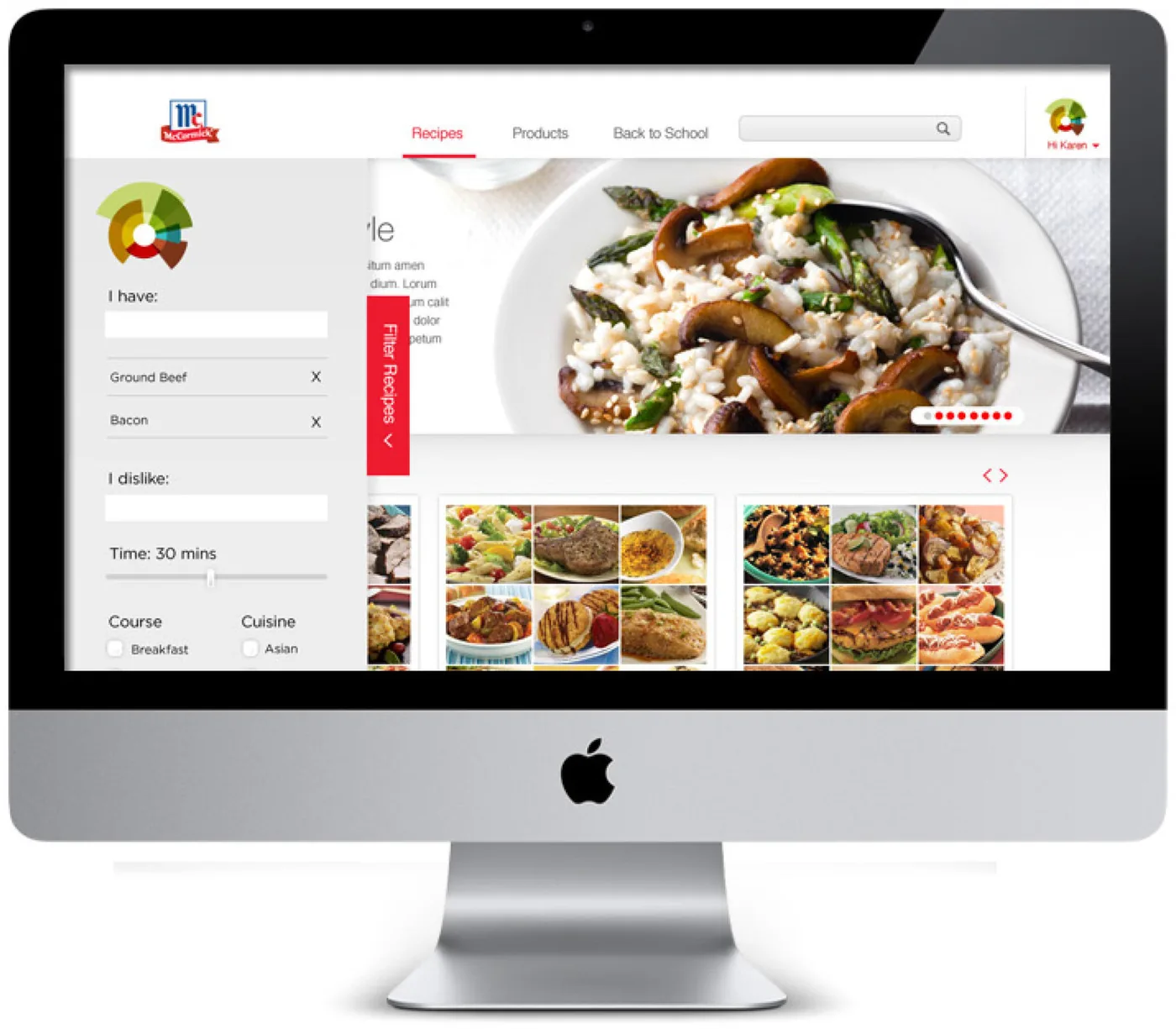 Desktop recipe page with the filter panel open, showing a Flavorprint and ingredient preferences