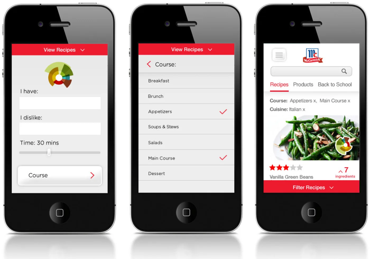 Three phone screens: setting likes and dislikes, choosing a course, and a filtered recipe result