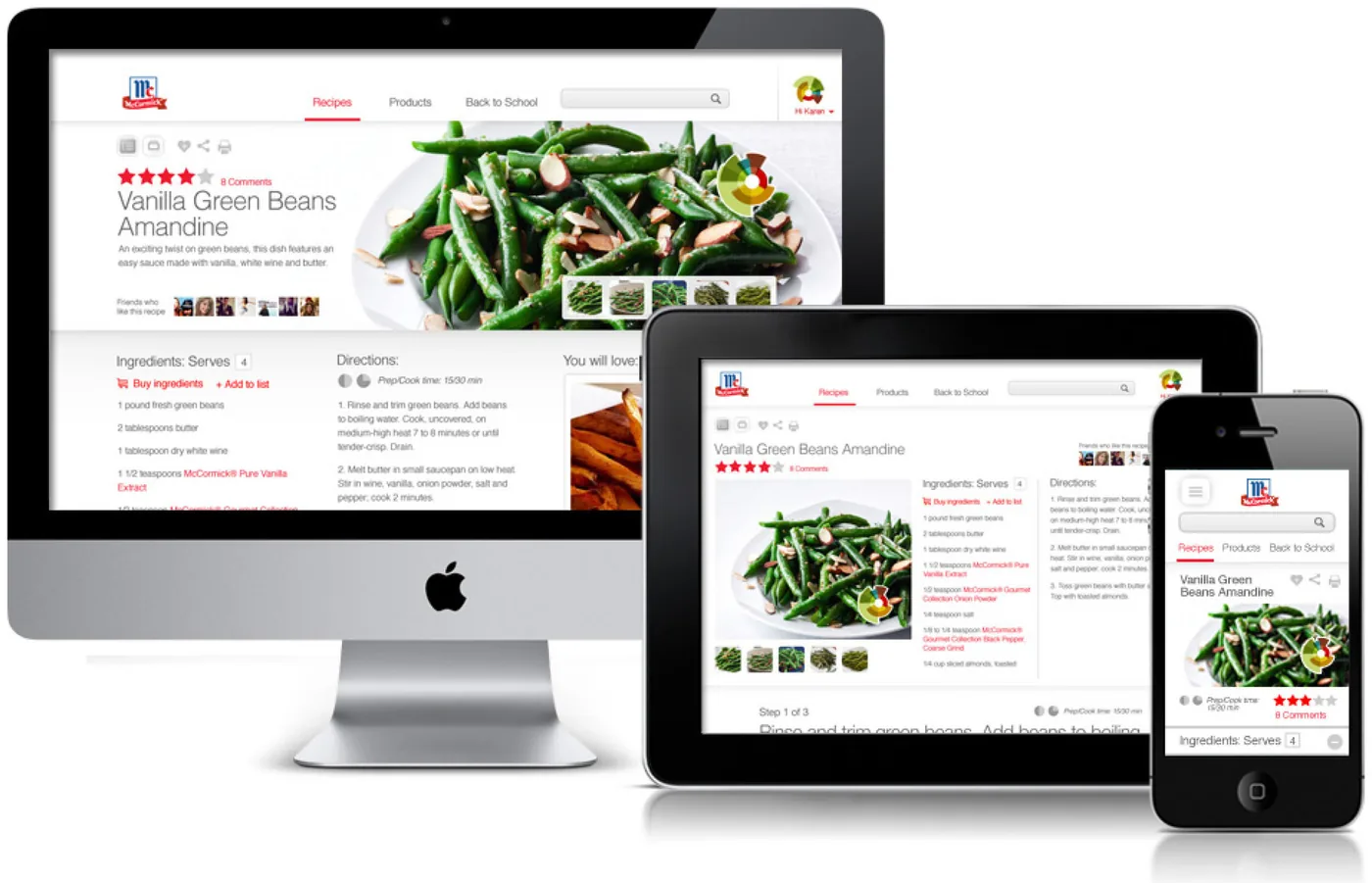 Flavorprint recipe pages shown on a desktop, a tablet and a phone