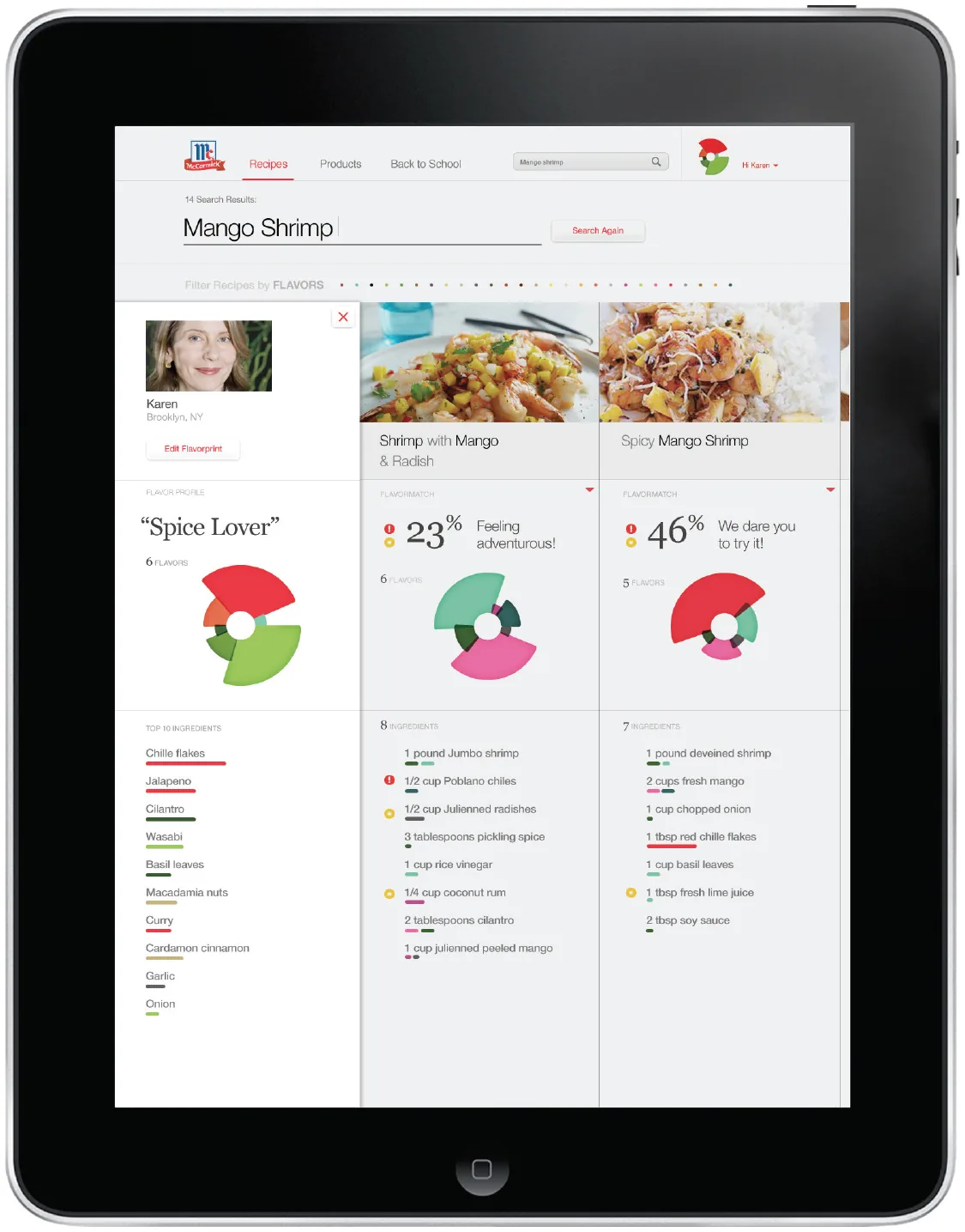 Tablet showing a recipe page with Flavorprint flavor charts for different dishes