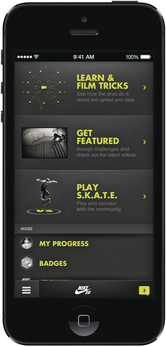 Phone screen of the Nike SB app menu: learn and film tricks, get featured, play S.K.A.T.E.