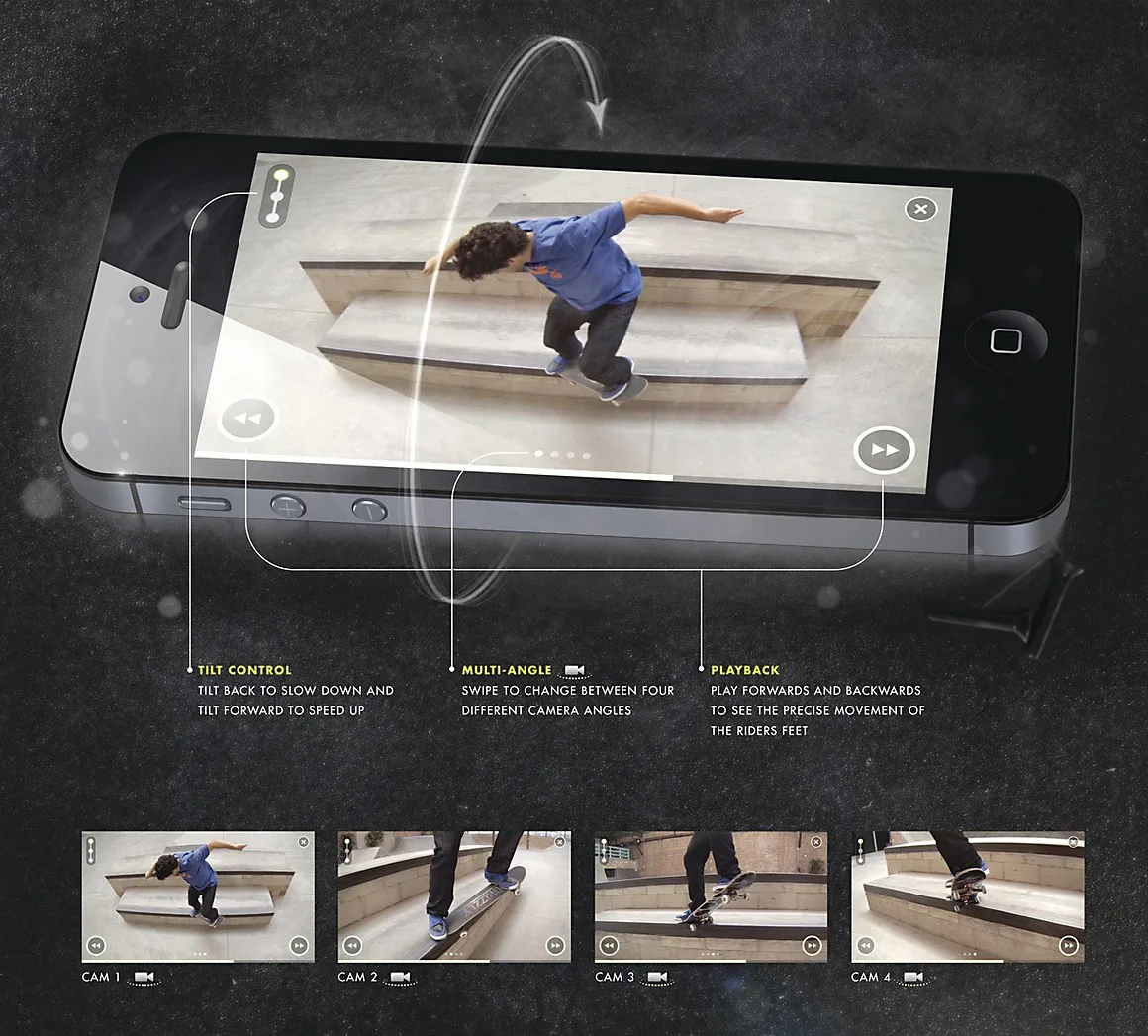 Phone showing slow-motion trick playback with multi-angle camera views below