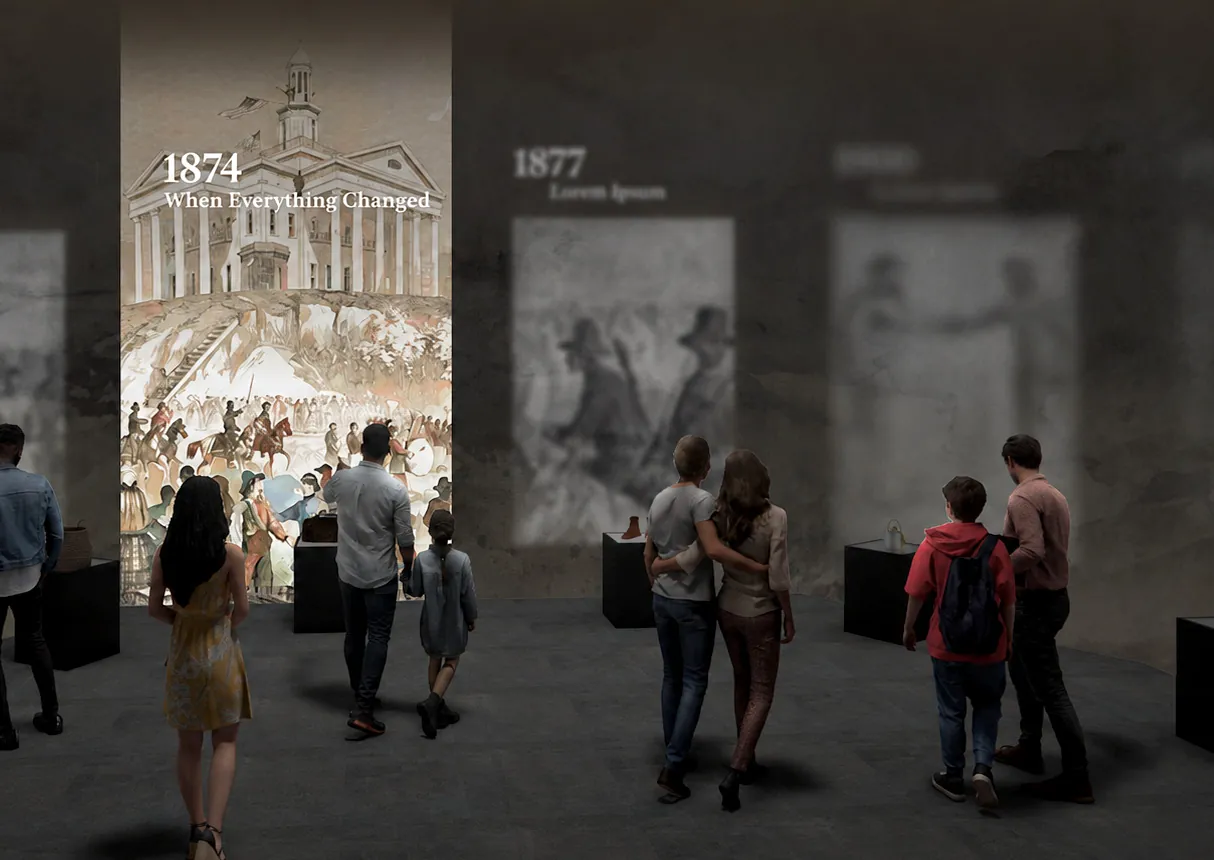 Rendering of the Reconstruction timeline: visitors walk past large illustrated panels marked 1874 and 1877
