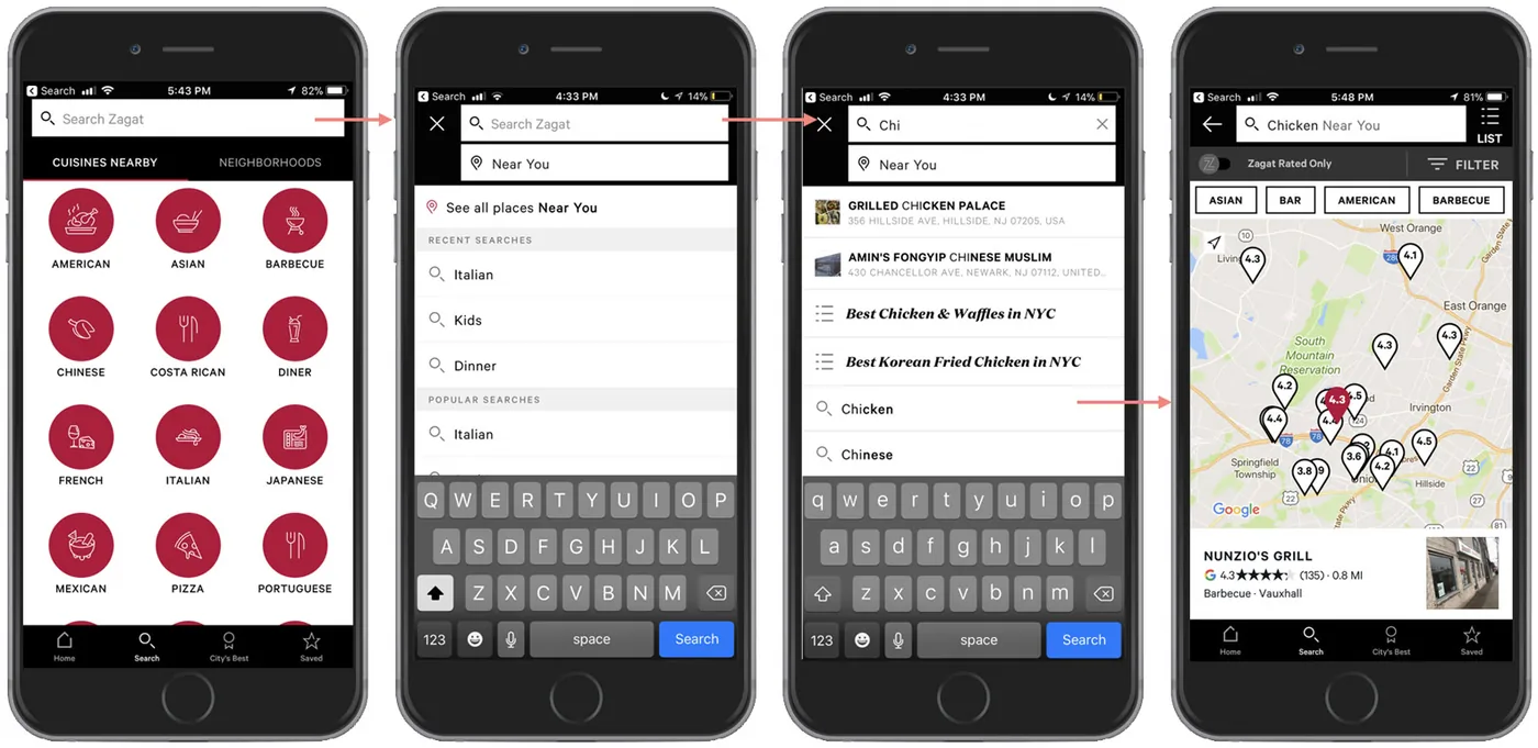 Sequence of phone screens searching for a restaurant by typing, from the keyboard to results on a map