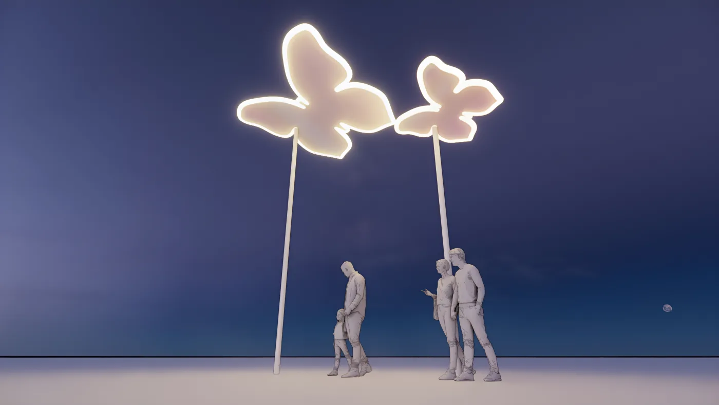 Two glowing butterfly-shaped lights on tall poles above a couple at night