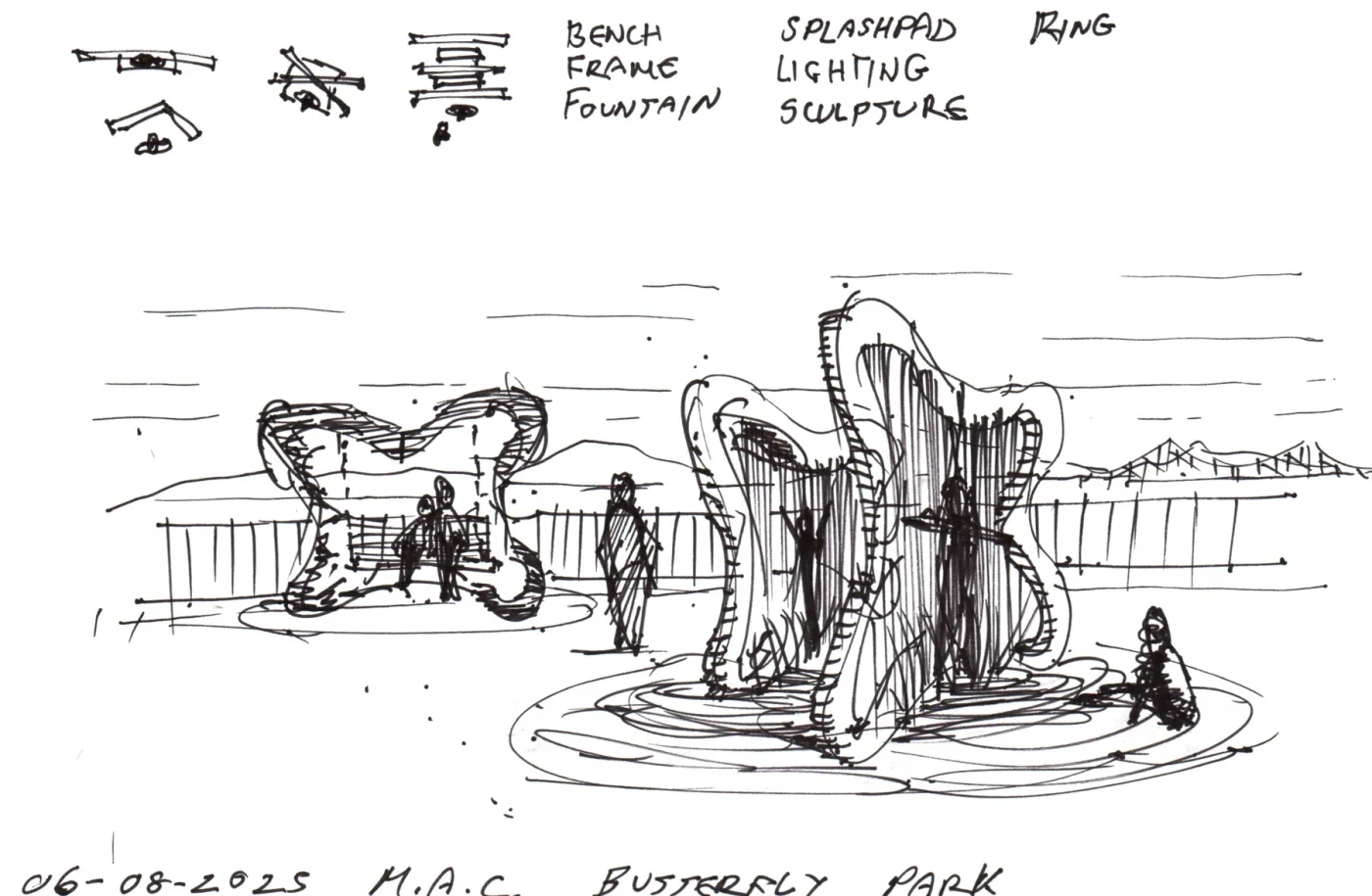 Pen sketch: Butterfly Park: bench, frame, fountain, splash pad