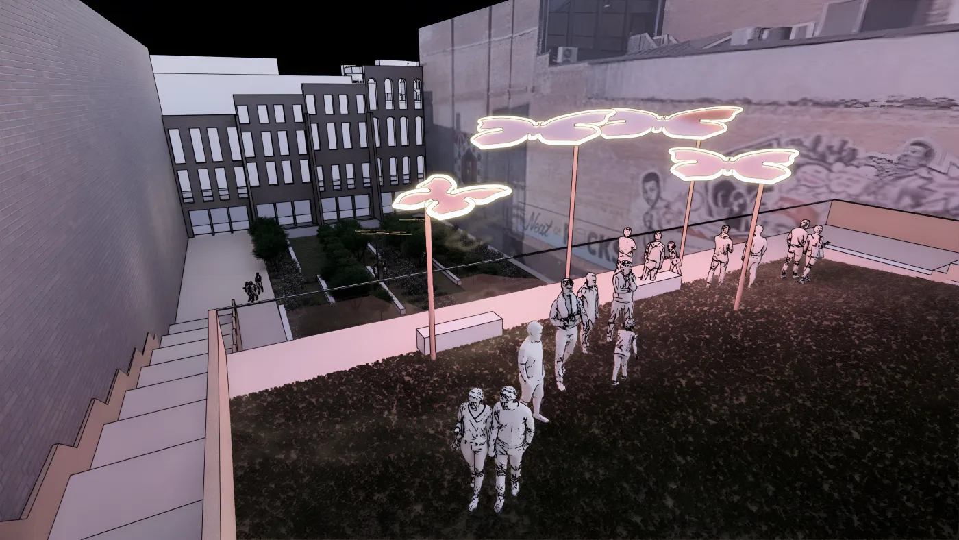At dusk, glowing butterfly-shaped canopies float over the garden path beneath the overlook