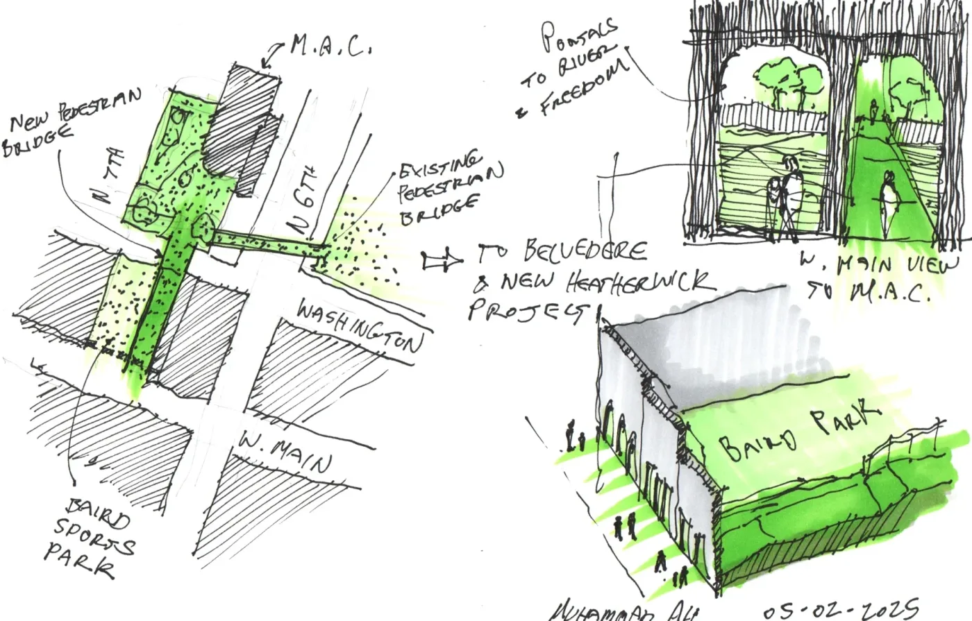 Pen sketch: The Baird Park connector, with the view from West Main toward the Center