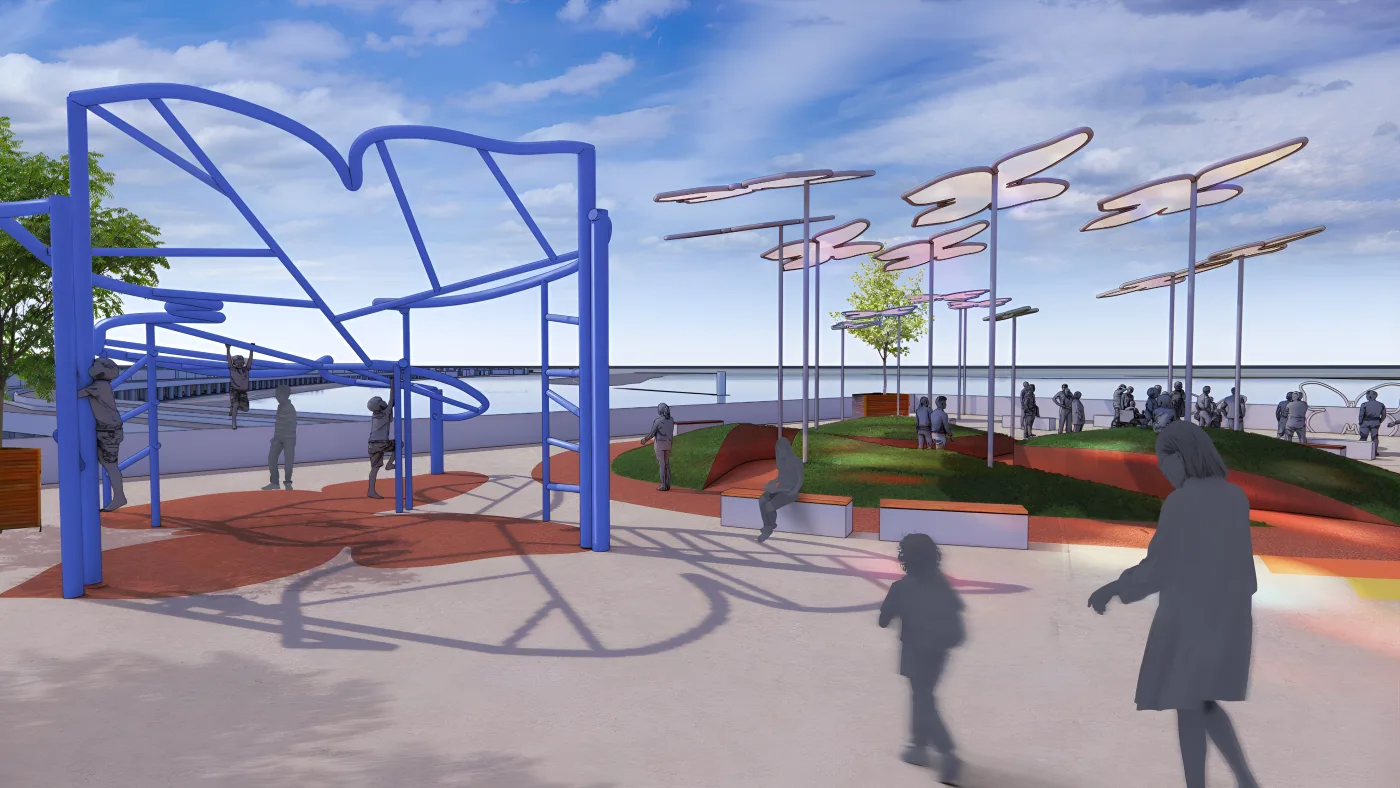 An upper plaza with blue butterfly-shaped play frames, a lawn mound, families and the river beyond