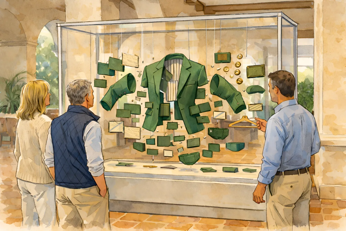 Guests study a Green Jacket taken apart into its pieces, suspended in a glass case