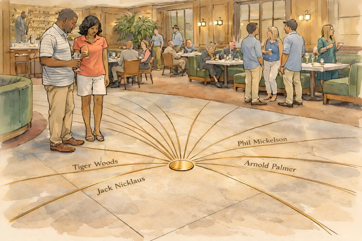Brass lines radiating across a restaurant floor, each labeled with a champion’s name