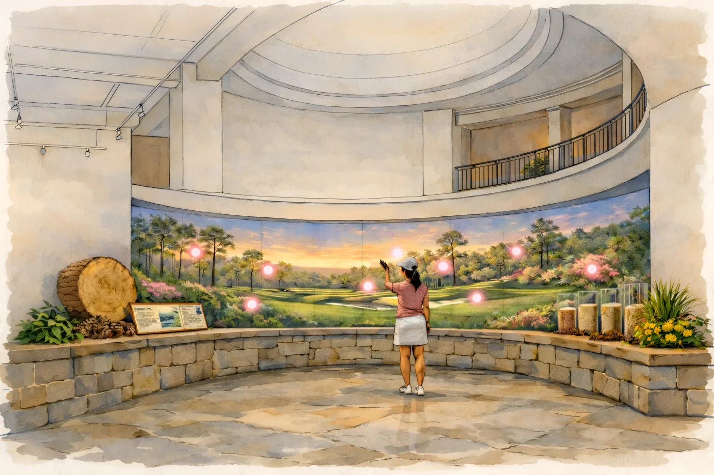 A guest reaches toward glowing points on a media wall showing the course at sunrise