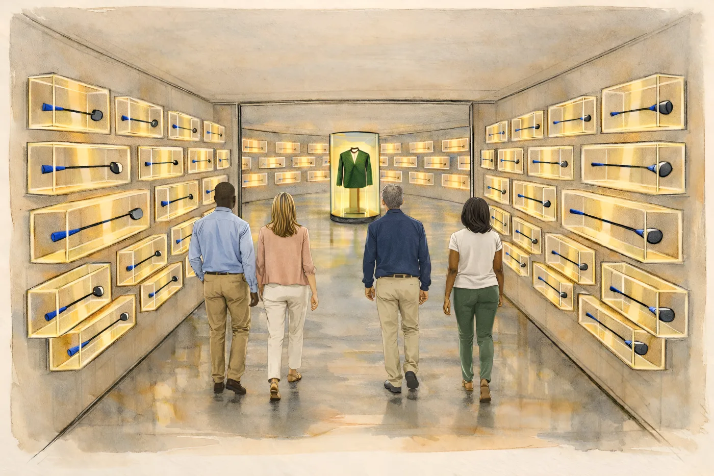 Guests walk a corridor lined with golf clubs in glowing cases toward a Green Jacket
