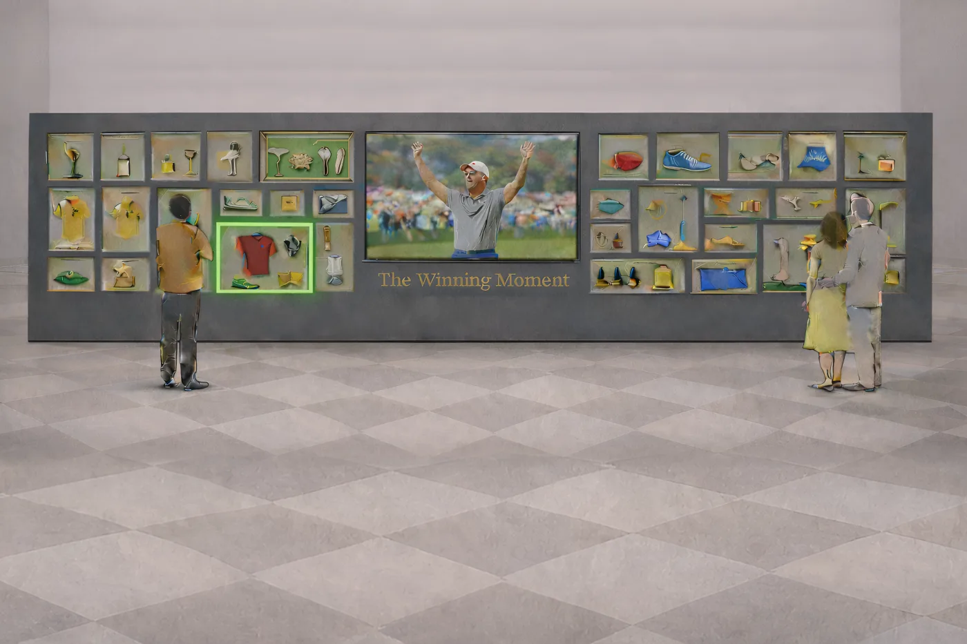 A long wall of small artifact cases around a central video of a celebrating golfer, one case outlined in green light