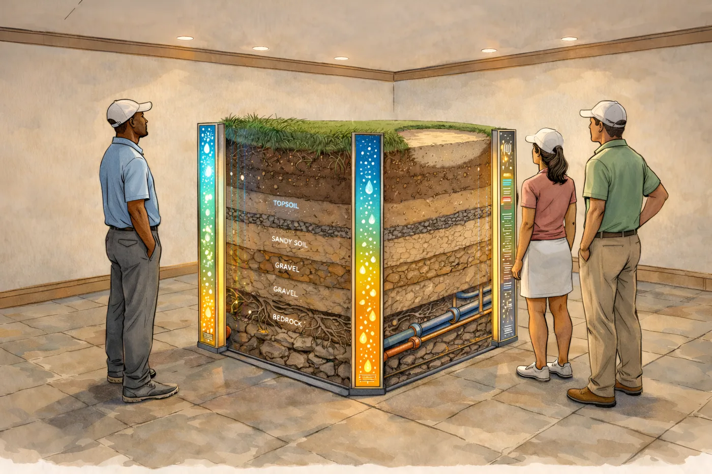 Guests look at a cutaway block of turf showing layers of soil, gravel, roots and irrigation