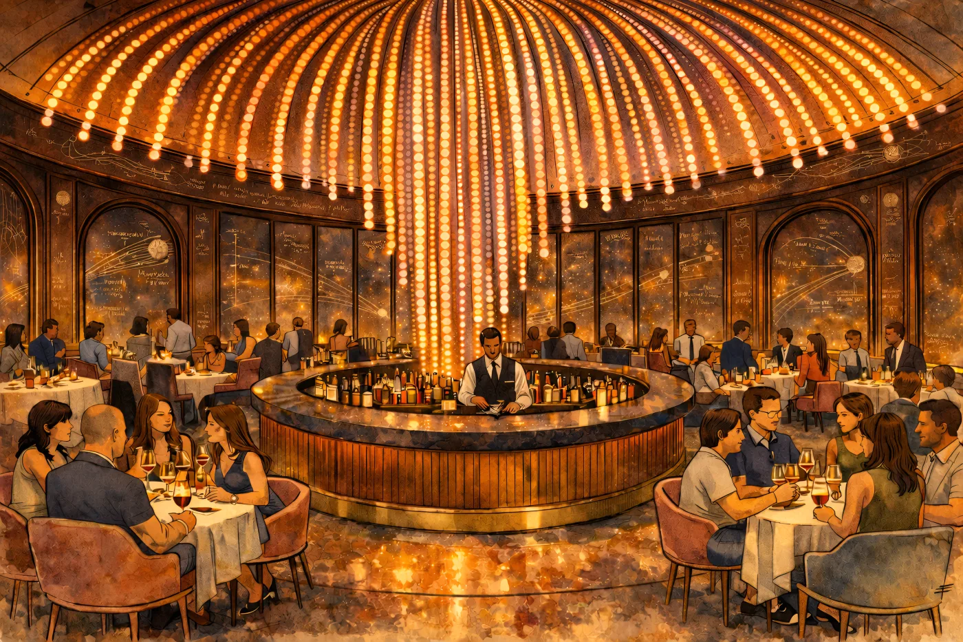 A round dining room under a dome of glowing strands arcing toward a central bar