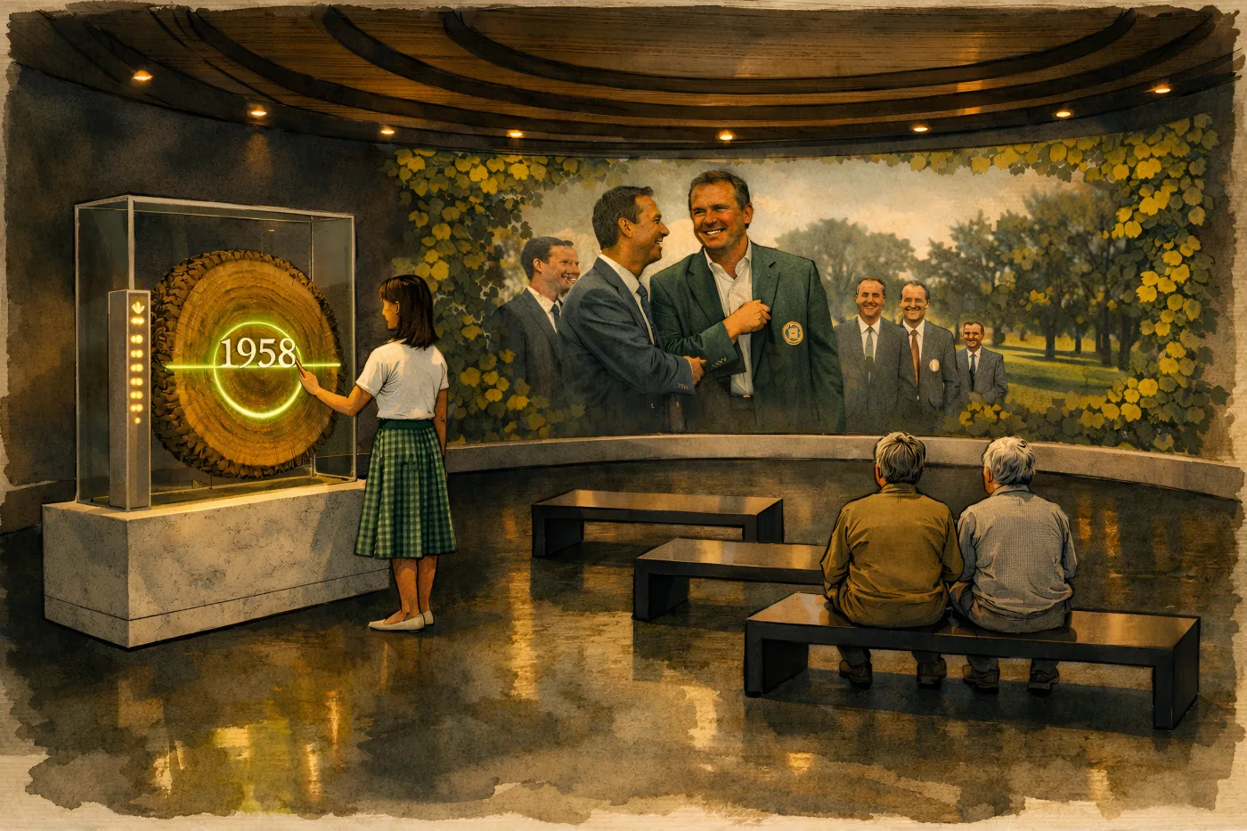 A guest touches a ring lit green on a cross-section of a tree trunk while a historic scene fills the wall behind