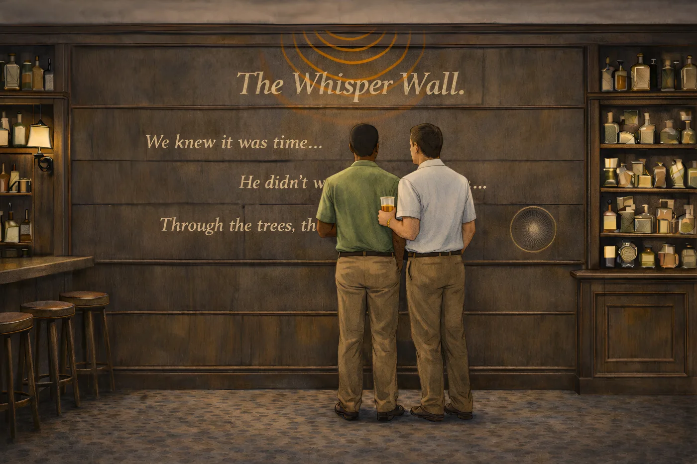Two guests stand at a paneled lounge wall where short phrases glow softly
