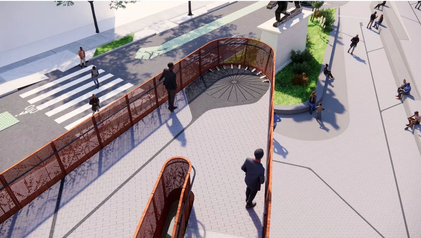 Rendering from above of the bow, with its in-ground compass beside the crosswalk