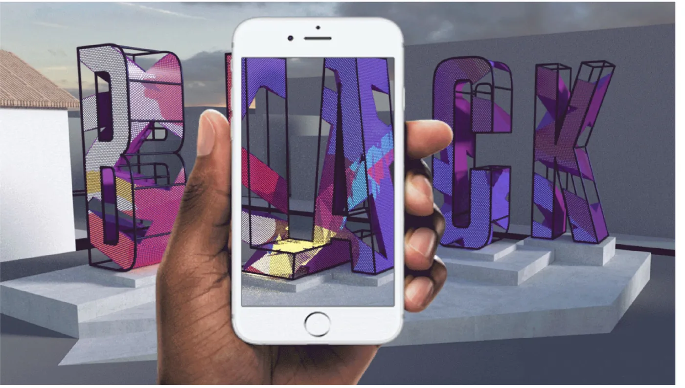A hand holds a phone showing a custom pattern on the BLACK sculpture in AR