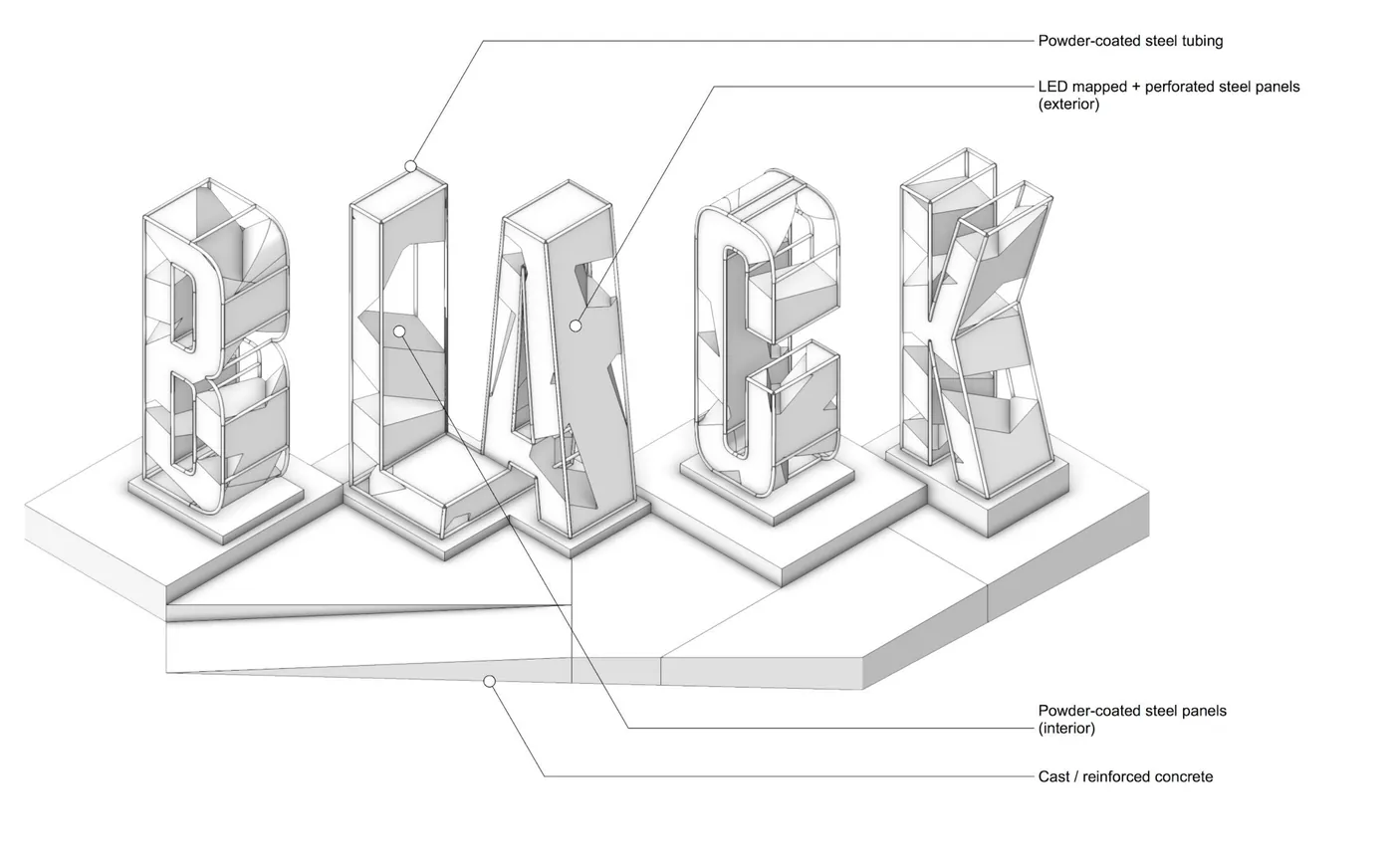 Exploded axonometric drawing of the BLACK sculpture showing steel tubing, panels and the concrete base