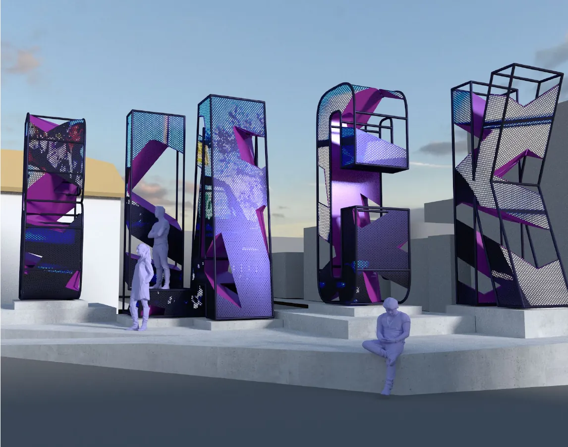 The sculpture lit in violet seen from the side