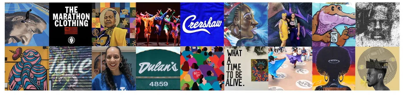 A strip of images from Crenshaw’s visual culture: storefront signs, murals, album art and portraits