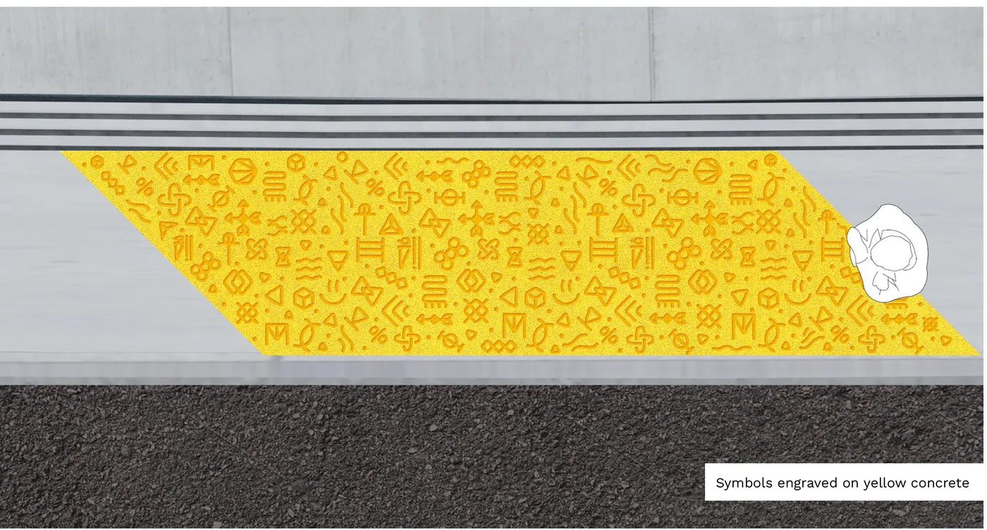 Rendering of a yellow concrete paver engraved with glyphs, set in the sidewalk
