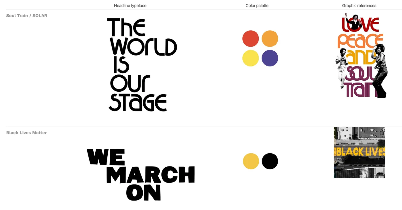 Story styles for Soul Train and Black Lives Matter: headline lettering, three-color palettes and graphic references