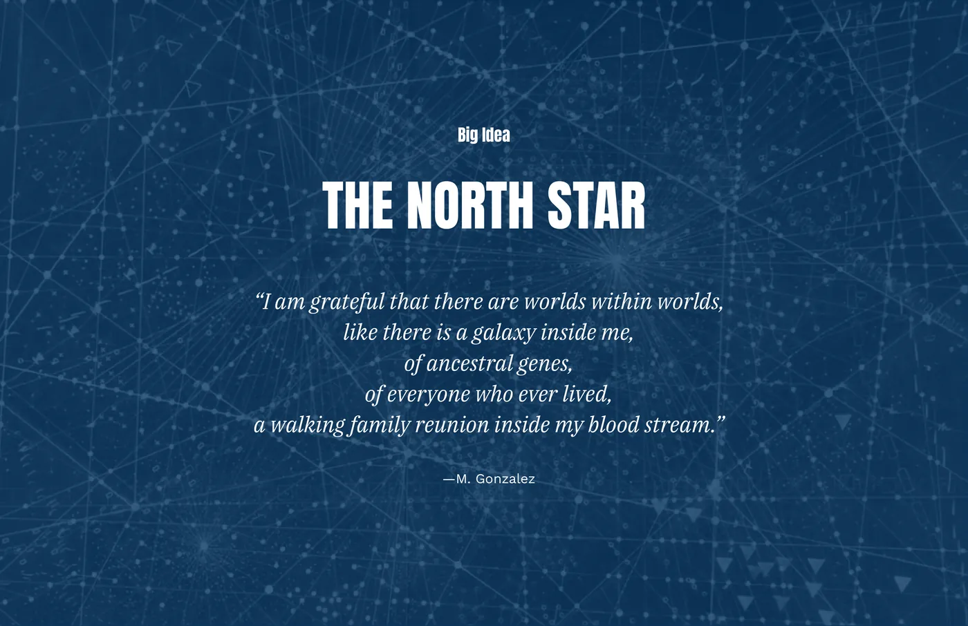 Navy title card reading The North Star over a faint star chart, with a poem