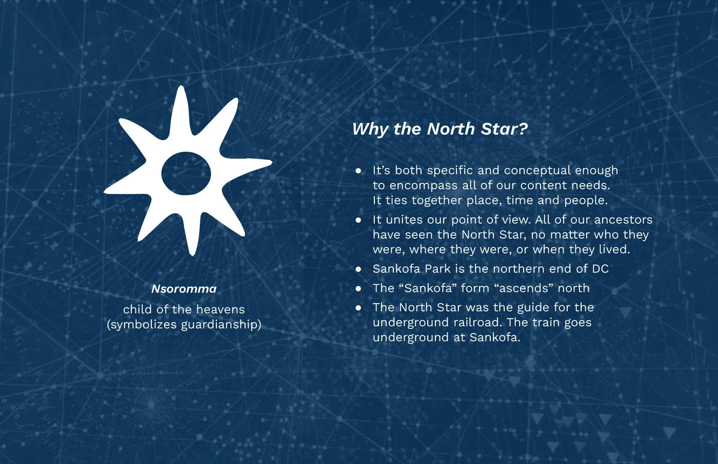 Navy card with the white Nsoromma star symbol and the reasons for the North Star