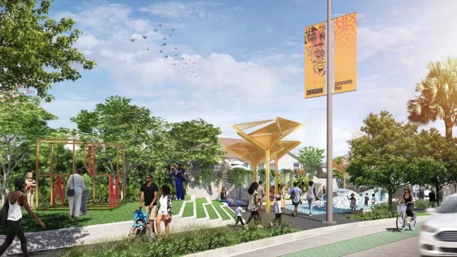 Rendering of a pocket park with yellow shade structures, red climbable letters spelling I AM, and Crenshaw banners on a light pole