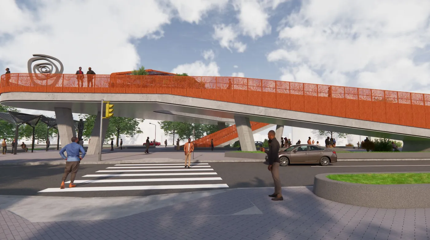 The Sankofa Park ramp seen from the crosswalk on Crenshaw Boulevard