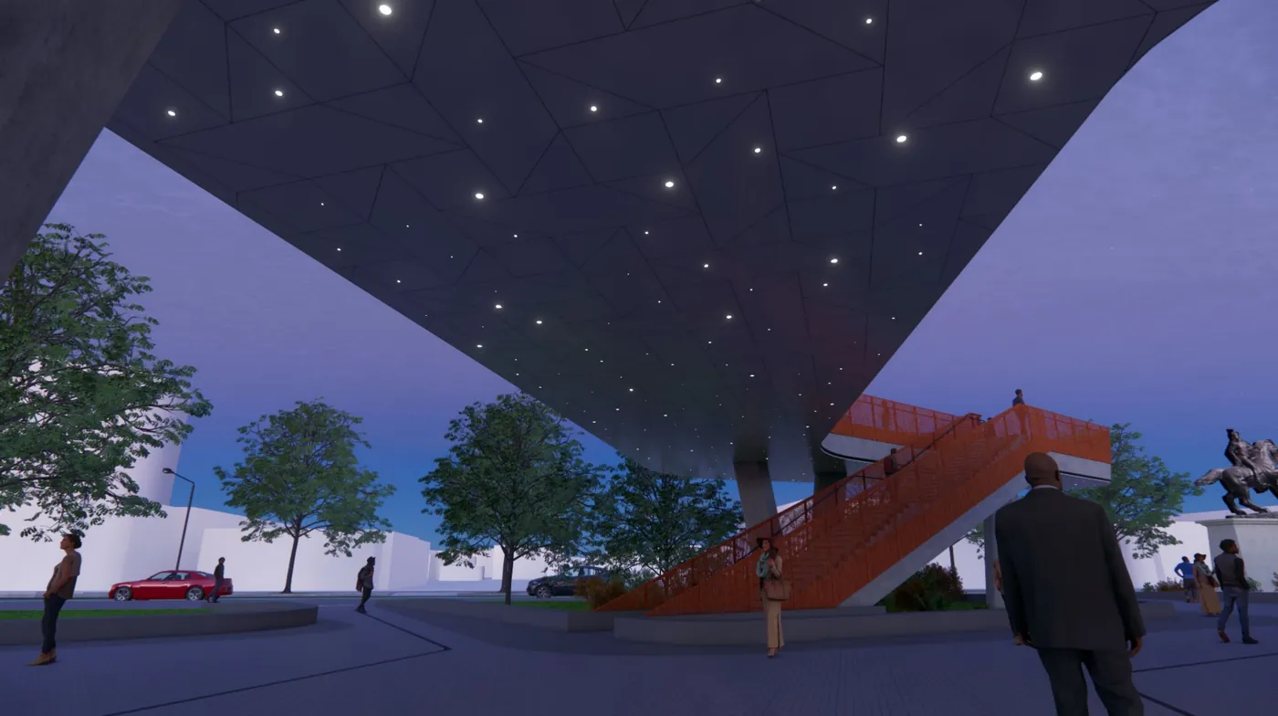 Rendering of the underside of the Sankofa Park ramp at dusk, its ceiling scattered with points of light like stars