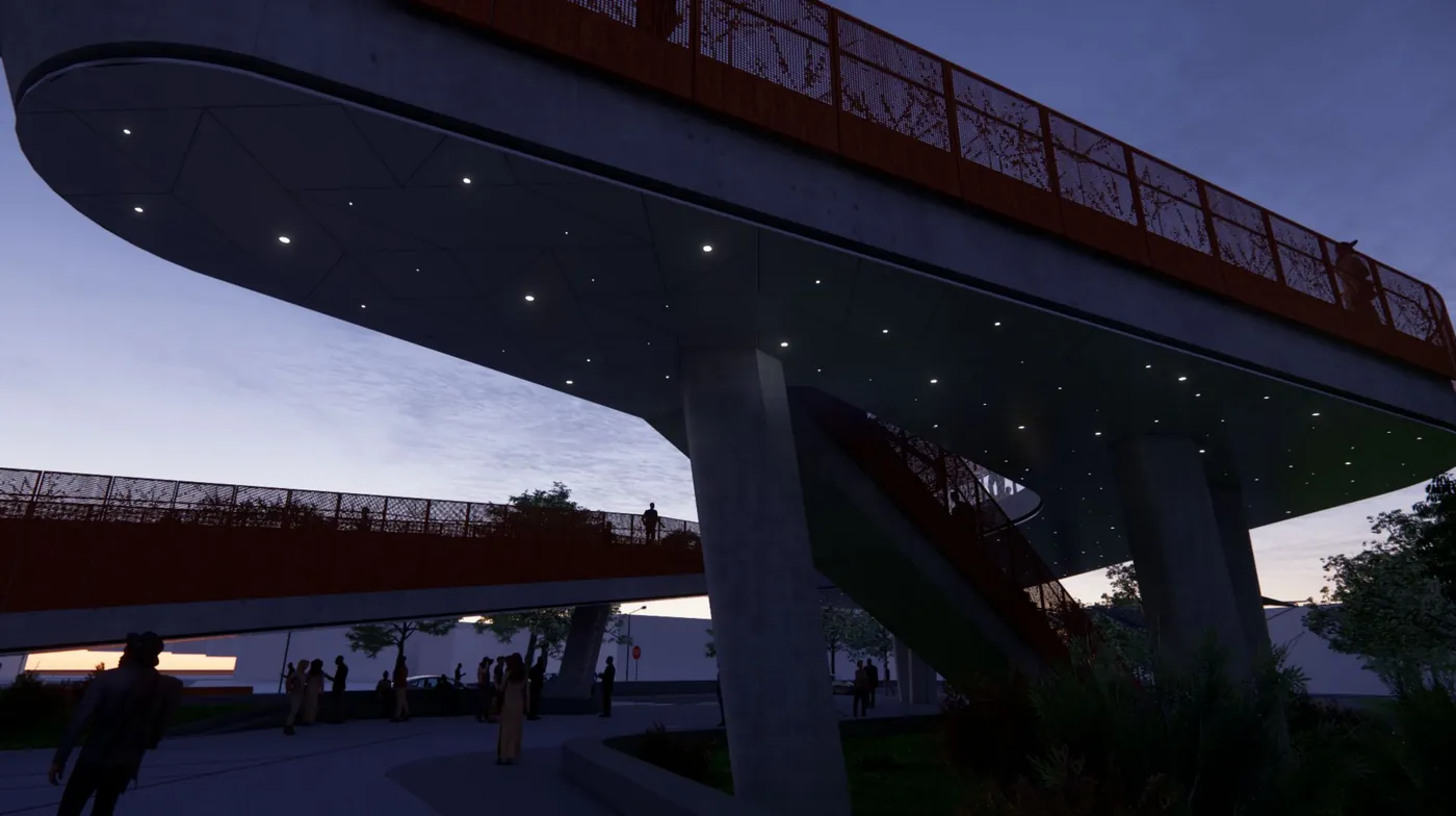 Rendering at dusk of the ramp’s underside lit with small points of light over people walking