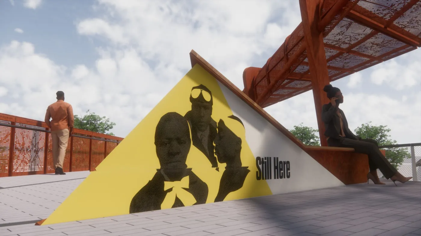 Rendering of the timeline’s raised end, printed with silhouettes and the words Still Here