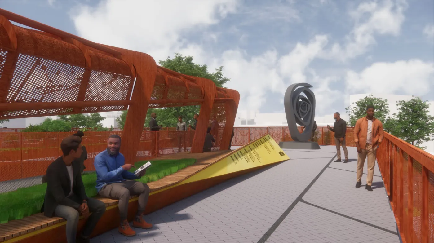 People sit on the bench beside the timeline, with a sculpture beyond