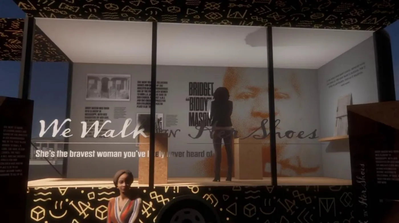 The Micro Museum truck opened at night with a Biddy Mason exhibition inside