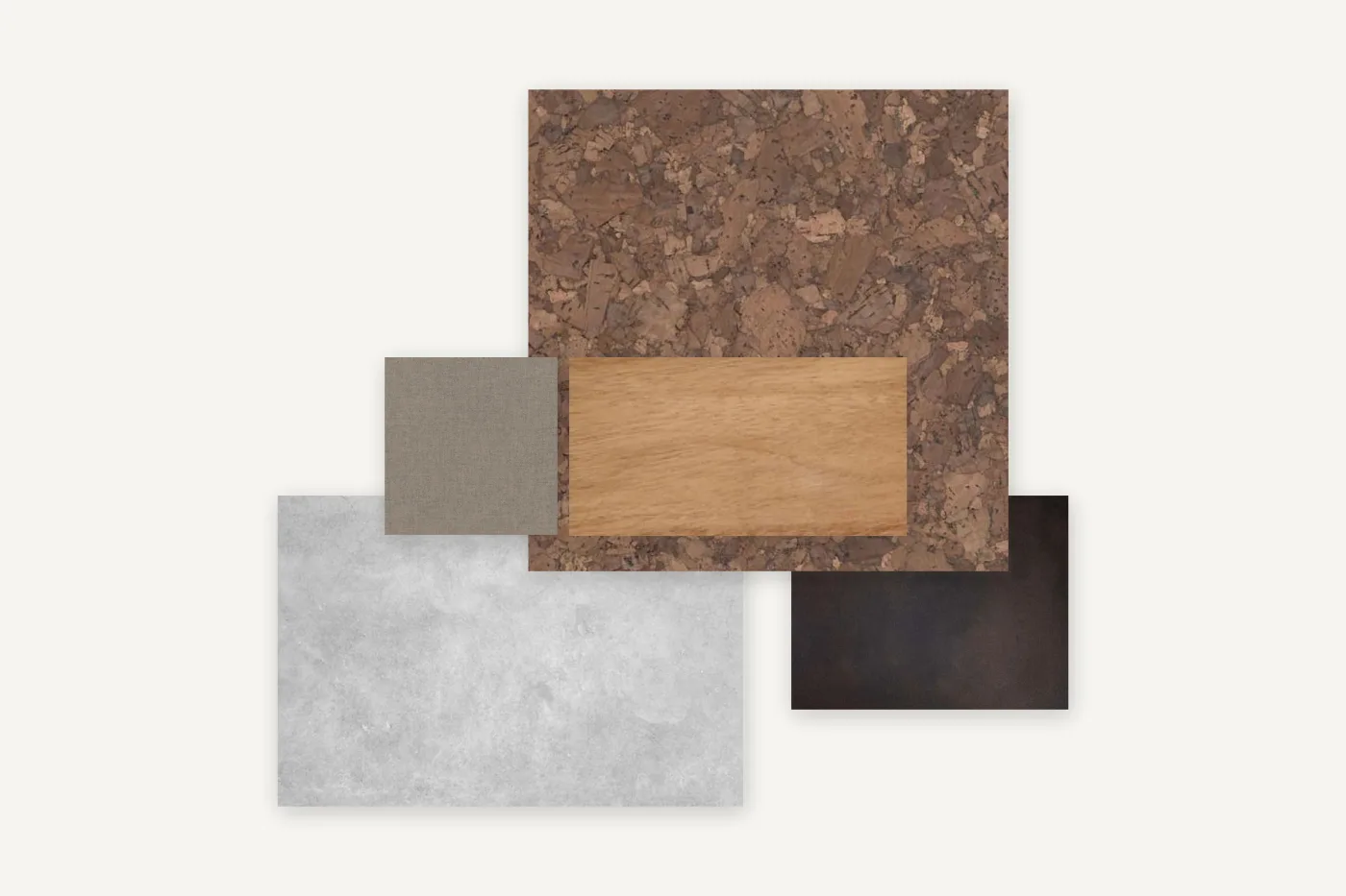 Material samples: high-density cork, oak veneer, fabric, polished concrete and dark bronze