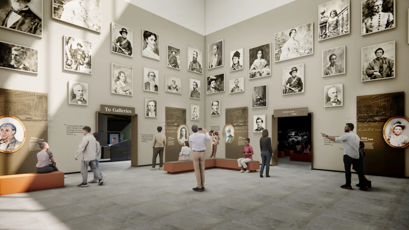 Rendering of the orientation hub: a tall room hung with historical portraits, with doorways to the galleries and the orientation film